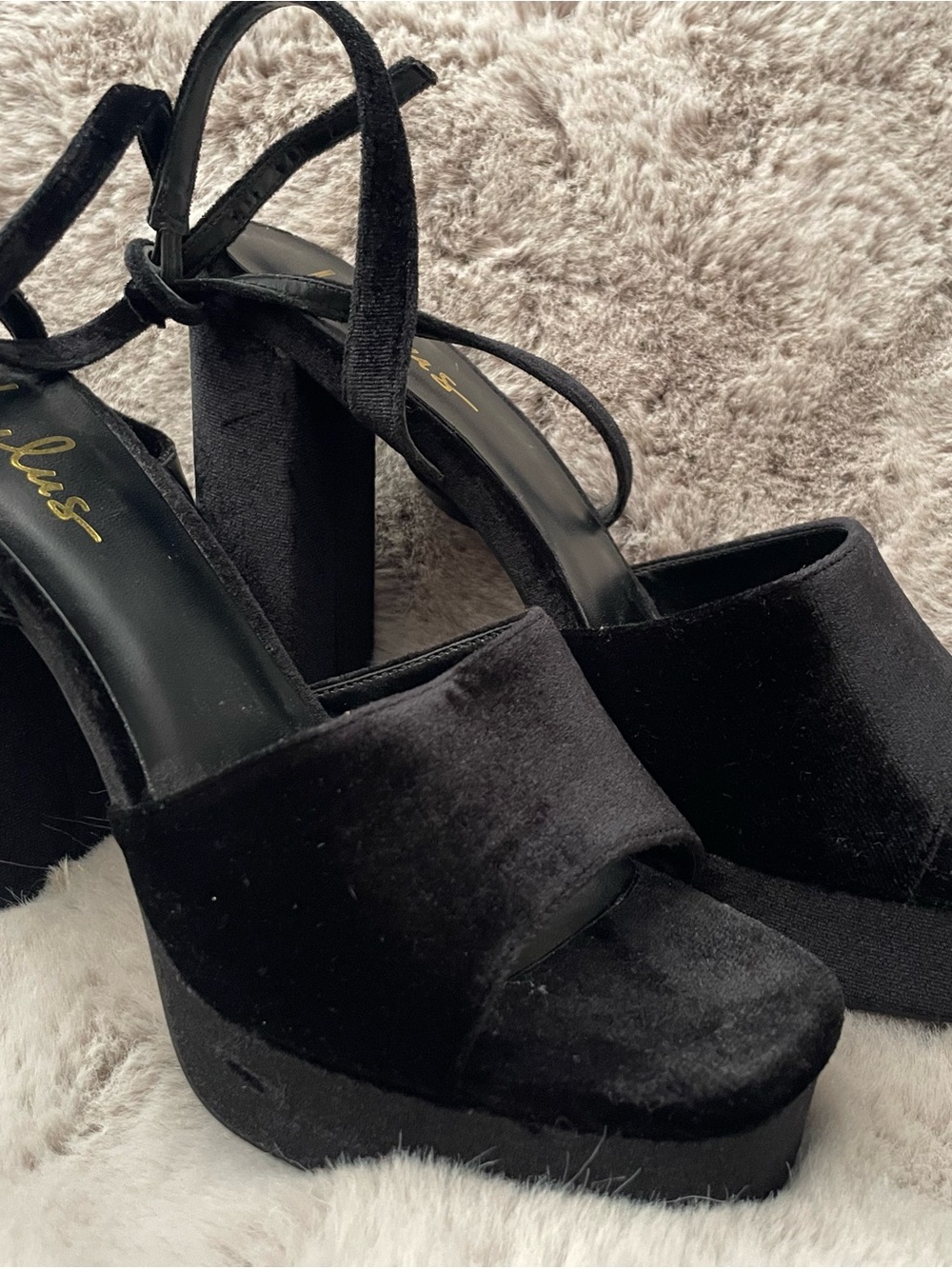 Lulu's Black Velvet Platform Block Heels with Ankle Tie size 8 to 9 worn once!
